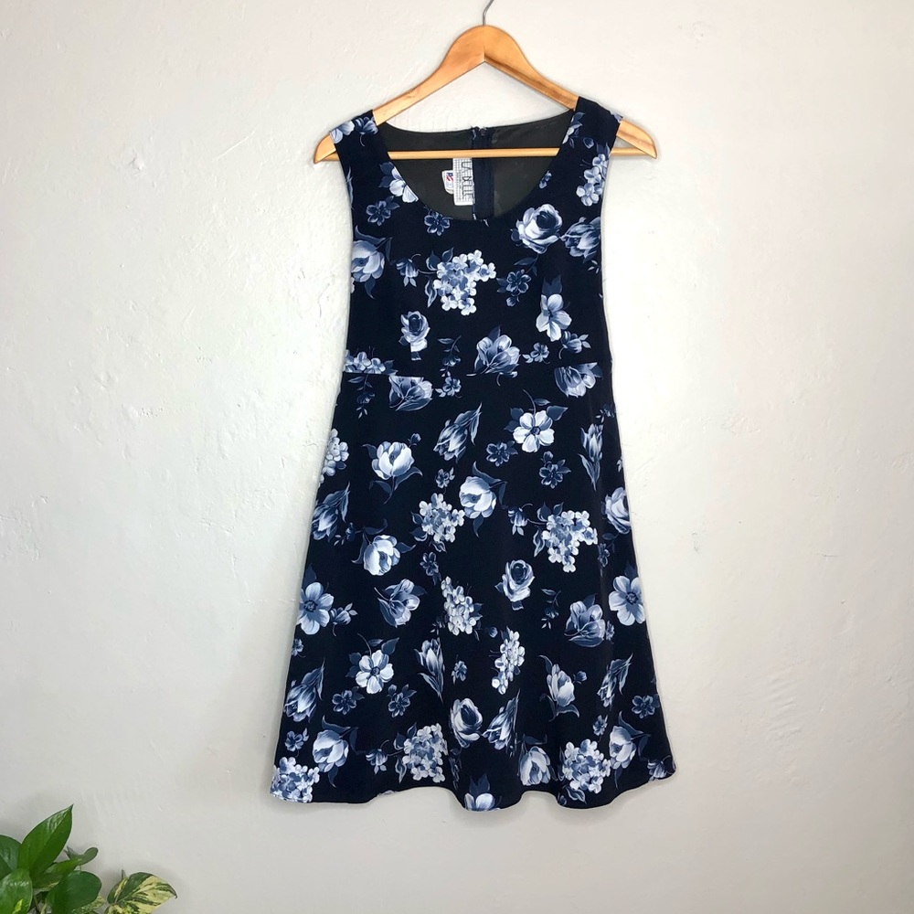 90s Vintage Blue Floral Babydoll Mini Dress 80s